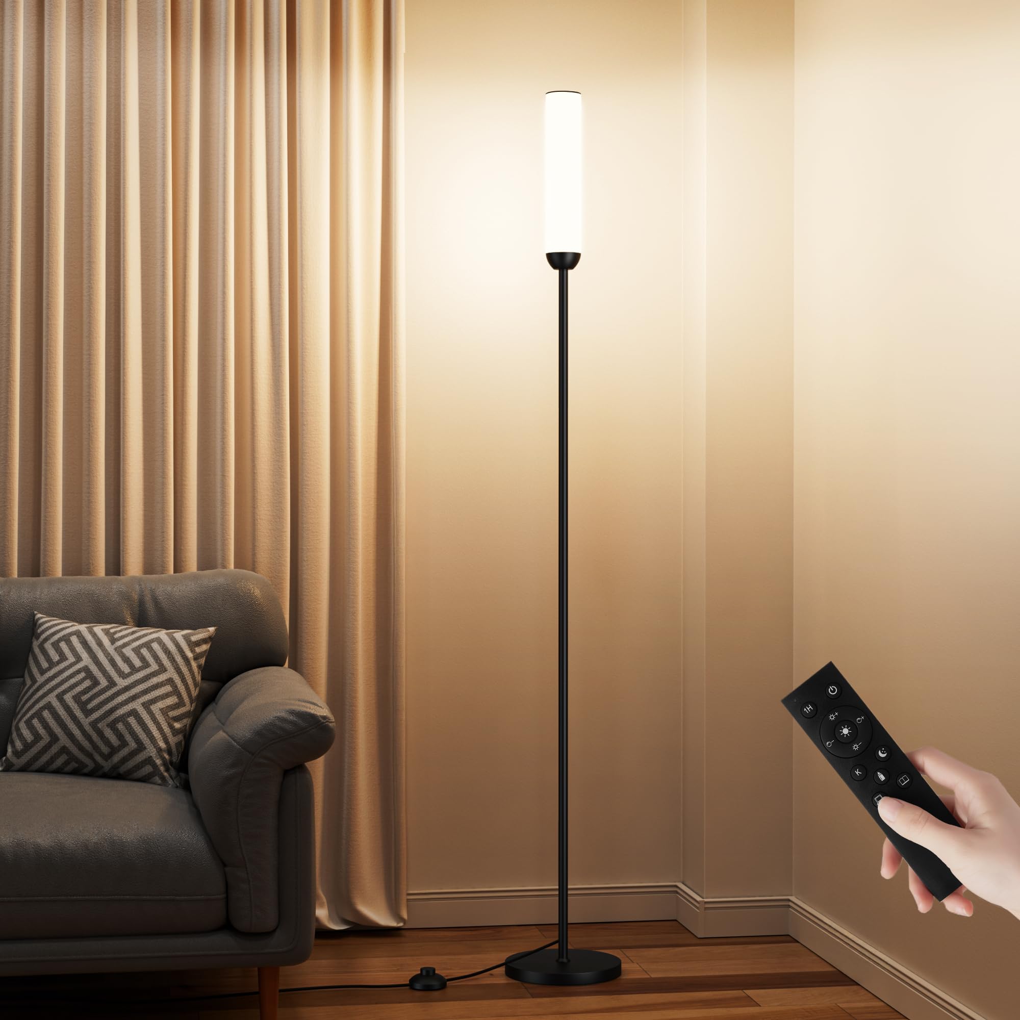 Photo 1 of LED Floor Lamp with Remote Control, 65" Standing Lamp with Stepless Adjustable 3000K-6500K Colors & 5%-100% Brightness, Foot Switch(Black)