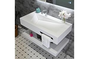 Gesipor 40"x19" Wall Mount Bathroom Vanity with Sink Stone Resin Floating Vanity Sink Rectangular Vessel Sinks for Bathroom White Trough Art Basin with Shelf Layer