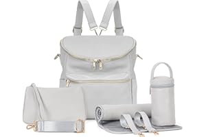 Minsong Diaper Bag Backpack,Fashion Leather Mommy Backpacks,Travel Toddler Baby Diaper Bags with in Bag Organizer and Changing Pad (Light Grey)