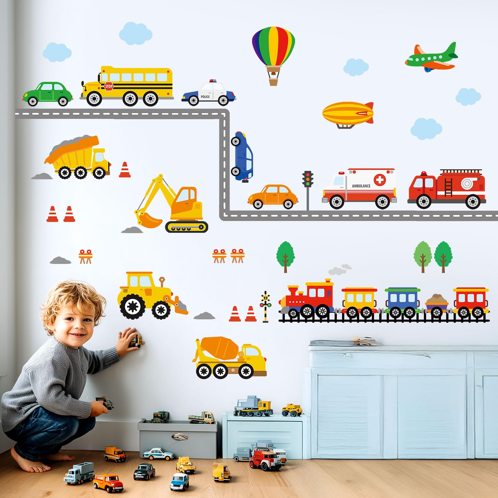 DECOWALL DS-8047 Construction Vehicles Road Wall Stickers Truck Excavator Cars Transportation Decals for Kids Boys Bedroom Nursery Playroom Living Room Art Decor Removable — image 1