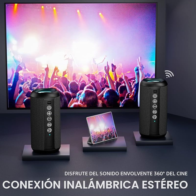 Coluna Bluetooth potente com luz LED, mini caixa de música portátil com função mãos-livres, proteção contra água IPX7 e som surround de 360°, coluna sem fios para