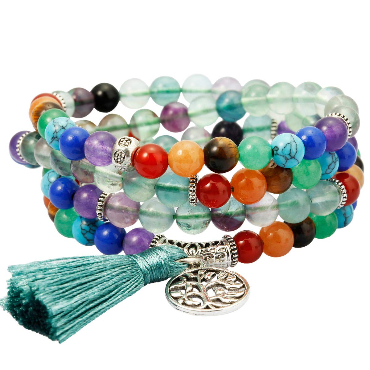KYEYGWO 108 Prayer Mala Beads Wrap Wrist Bracelet for Women & Men, Tibetan Buddhist Meditation Stone Necklace for Unisex Elastic, Fluorite