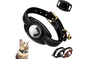 Jowlroel AirTag Cat Collar with Bell - Non Breakaway Leather Cat Collar with Separable Apple AirTag Holder - Lightweight Cat Tracker Collars for Girl Boy Cats, Small Dogs, Puppies (Black)