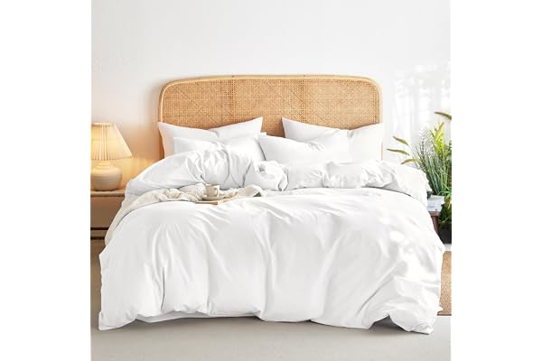 Wake In Cloud - White Cotton Duvet Cover Set, Queen Size, 100% Washed Cotton Plain Solid Color, Linen Like Textured, Breathab