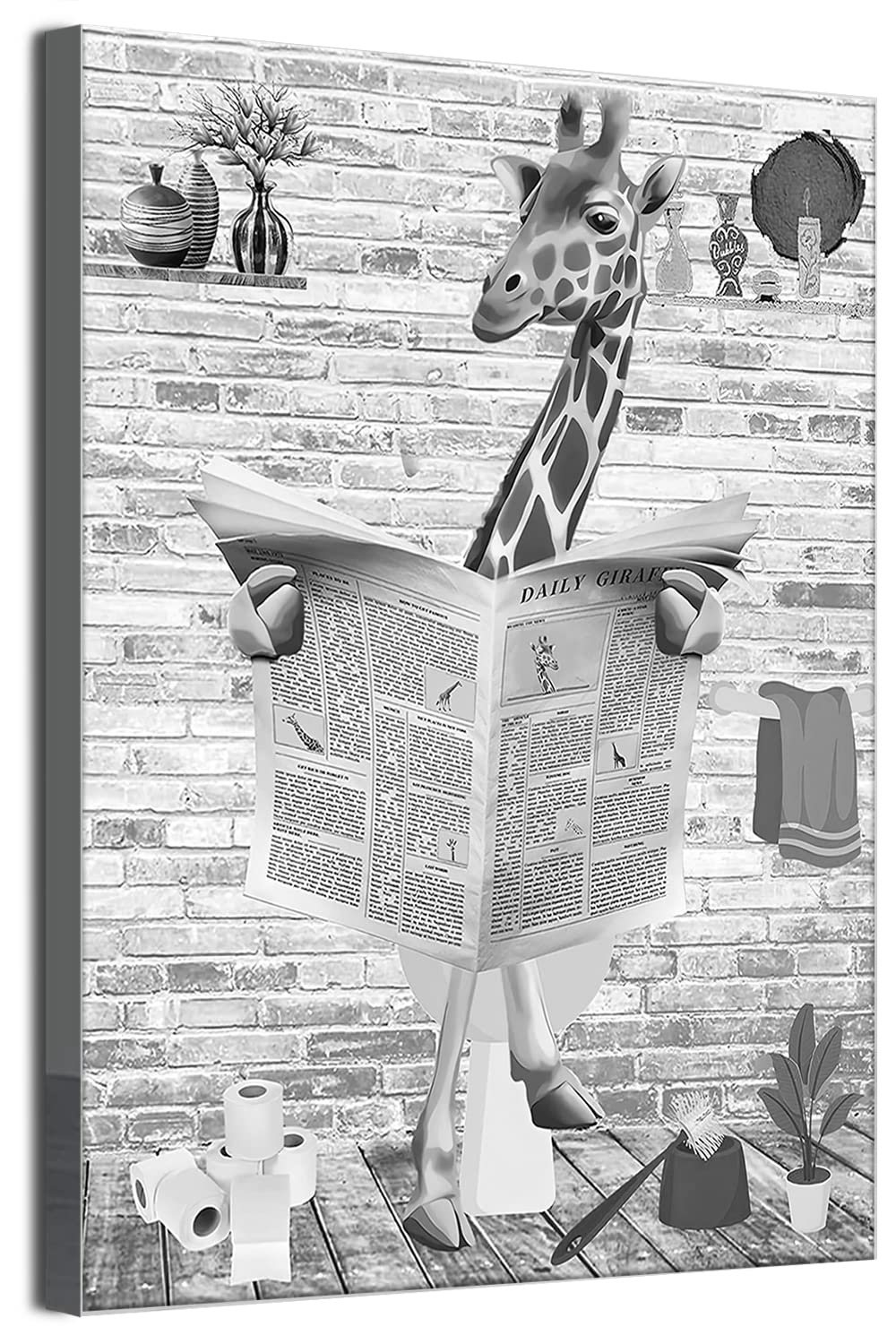 MKHFUW Modern Canvas Wall Art Funny Animals Sitting on the Toilet, Newspaper Pictures Reading Bathroom Bedroom Poster, Frameless (Giraffe,30x40cm)