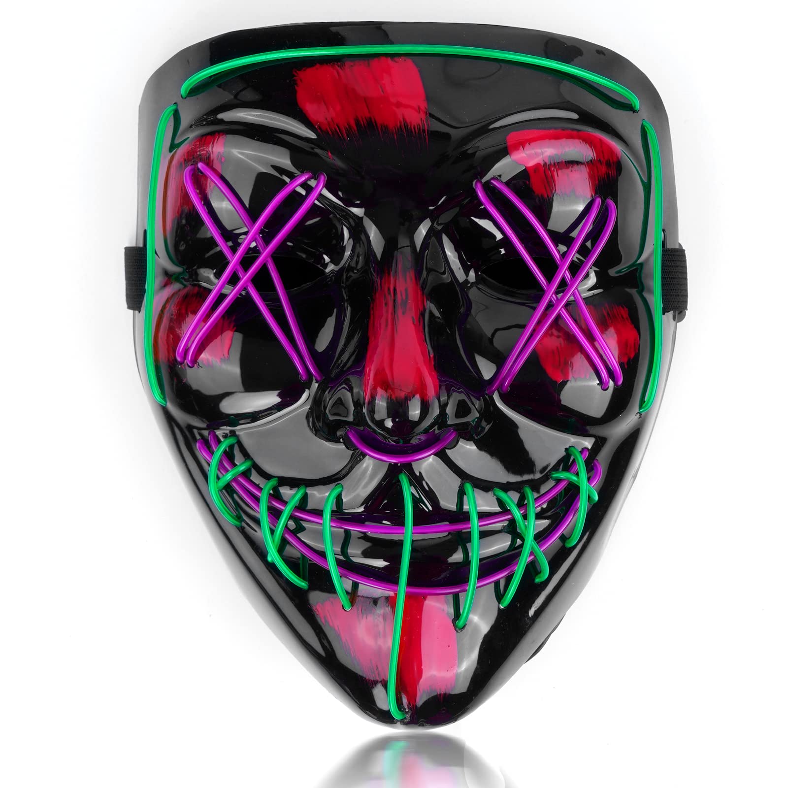 SOUTHSKY LED Mask,Black Horror Full Face,2 Color Neon Light Glowing,PVC Material,for Halloween Festival Carnival Rave Costume Cosplay (Green+Purple)