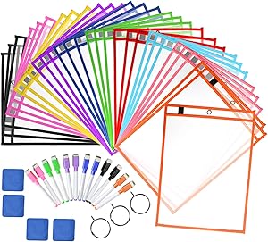 Dry Erase Pockets Sheet Protectors 30 Pack - Reusable & Oversized 10" x 13" - Clear Durable Plastic Sleeves with 12 Pens, 4 Erasers and 2 Rings for Classroom Organization, Teacher and School Supplies