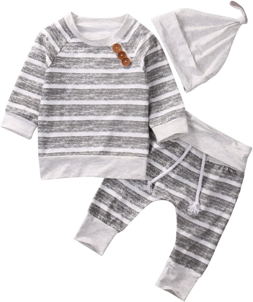 T TALENTBABY Newborn Baby Boys Girls Clothing Sets Romper Striped Top + Pants + Hat Set Overall Outfits¡­