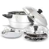 KSJONE Stainless Steel lid 5 Pcs Stainless Steel Induction &amp; Gas Friendly Idli Cooker Multi Kadai for Indian Cooking with 3 idli Plates (15 Idlis), 1 Patra Plate and 1 Idli Spoon, Silver