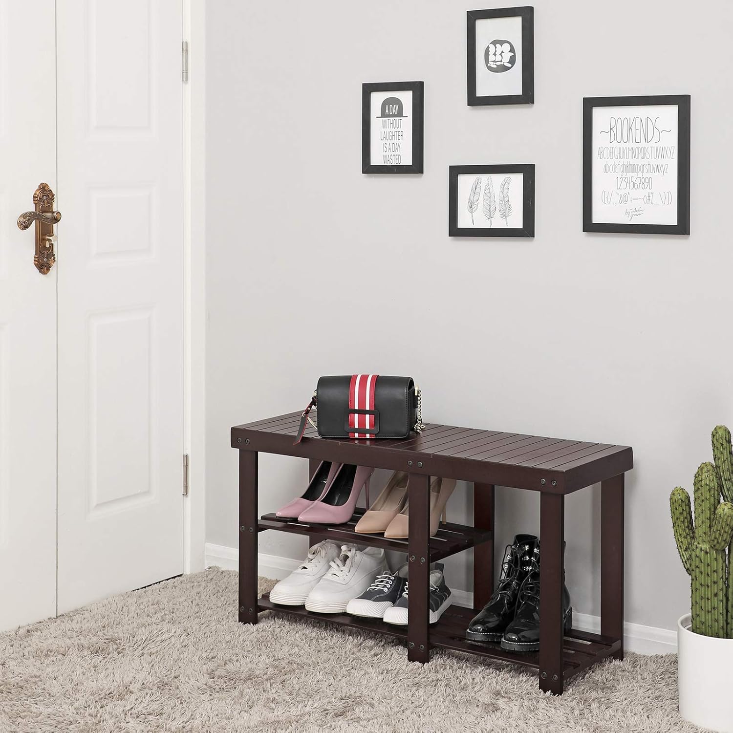 SONGMICS Bamboo Shoe Rack Bench for Boots, Entryway Storage Organizer, 3 Tiers Shoe Shelf, Multi Function for Hallway Bathroom Living Room Corridor and Garden, Brown: Kitchen & Dining