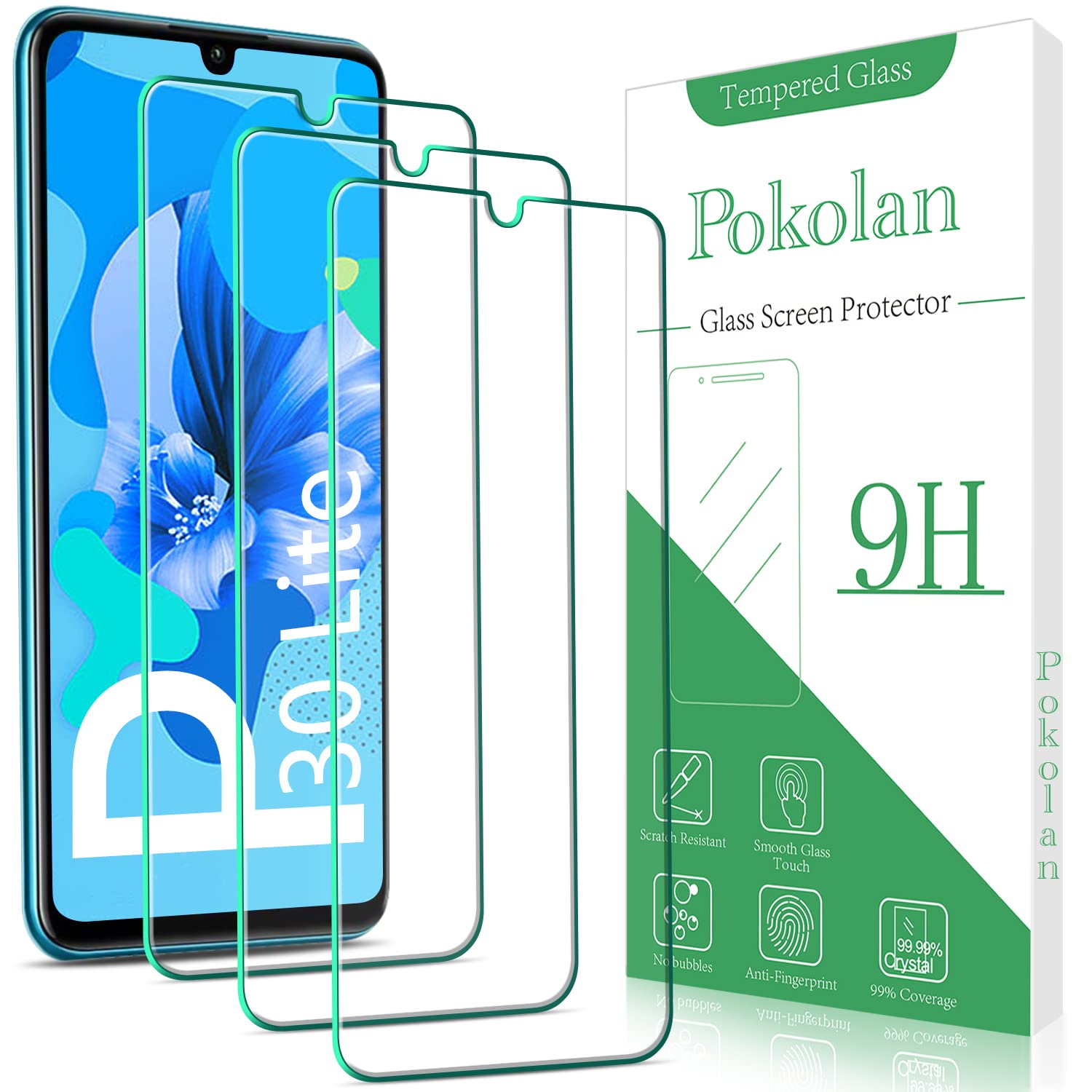 Pokolan 3 Pack Screen Protector for Huawei P30 Lite Tempered Glass, 9H Hardness, Case Friendly, No Bubbles, Anti-Scratch, Ultra Resistant