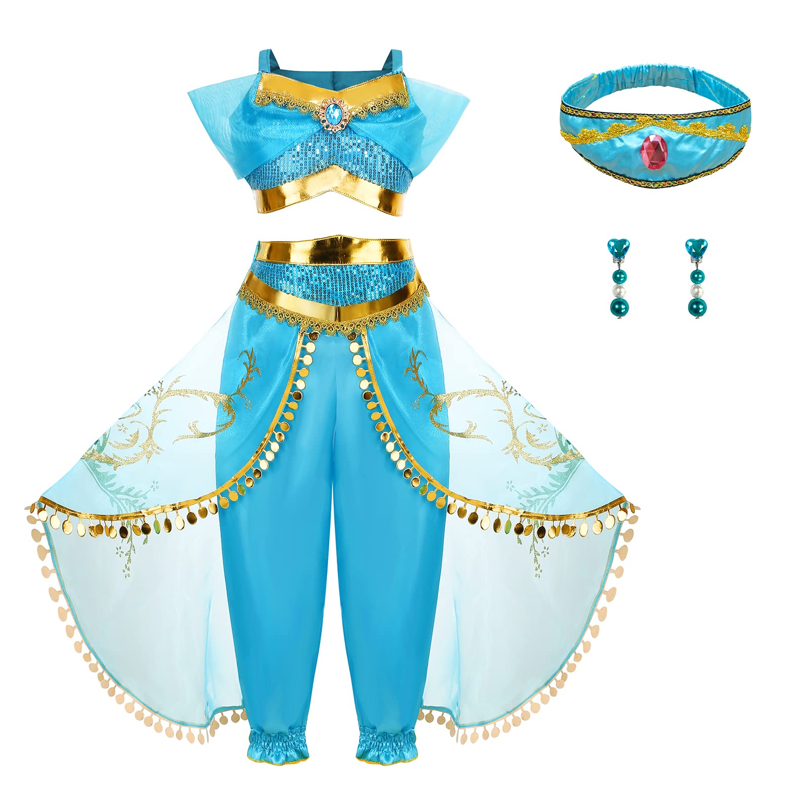 Foierp Princess Jasmine Dress Up for Girls Aladdin Jasmine Costume for Kids Fancy Dresses Christmas Halloween Cosplay Party Outfits
