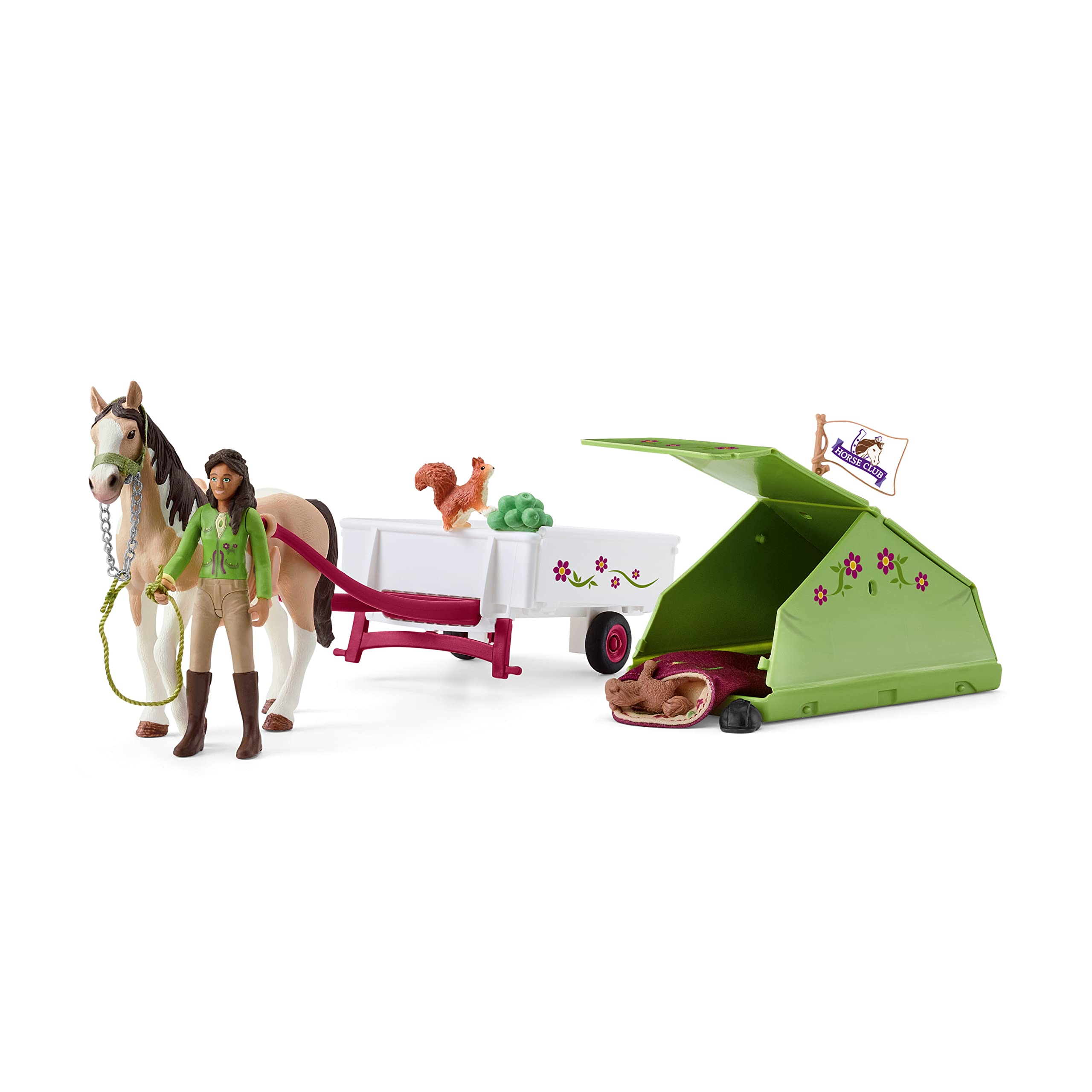 SCHLEICH HORSE CLUB — 42533 Sarah's Camping Adventure Horse Playset, 23-Piece Toy Horse and Trailer Set with Doll and Camping Tent, Horse Toys for Girls and Boys Ages 5+