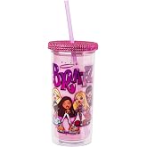 Silver Buffalo Bratz Cloe Rhinestones, Plastic Cold Cup, 20oz | Yasmin, Jade and Sasha, Tall, Includes Lid and Straw, 0.59 Liters