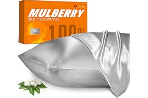 J JIMOO 100% Mulberry Silk Pillowcase for Hair and Skin, 22 Momme Pure Natural Silk Pillow Case Both Sided with Zipper, Pillow Cover for Women Mom Men (Silver Grey, Standard 20''×26'', 1 Pack)