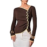 WDIRARA Women's Ruched Asymmetrical Neck Sweater Long Sleeve Knit Pullover Dressy Tops