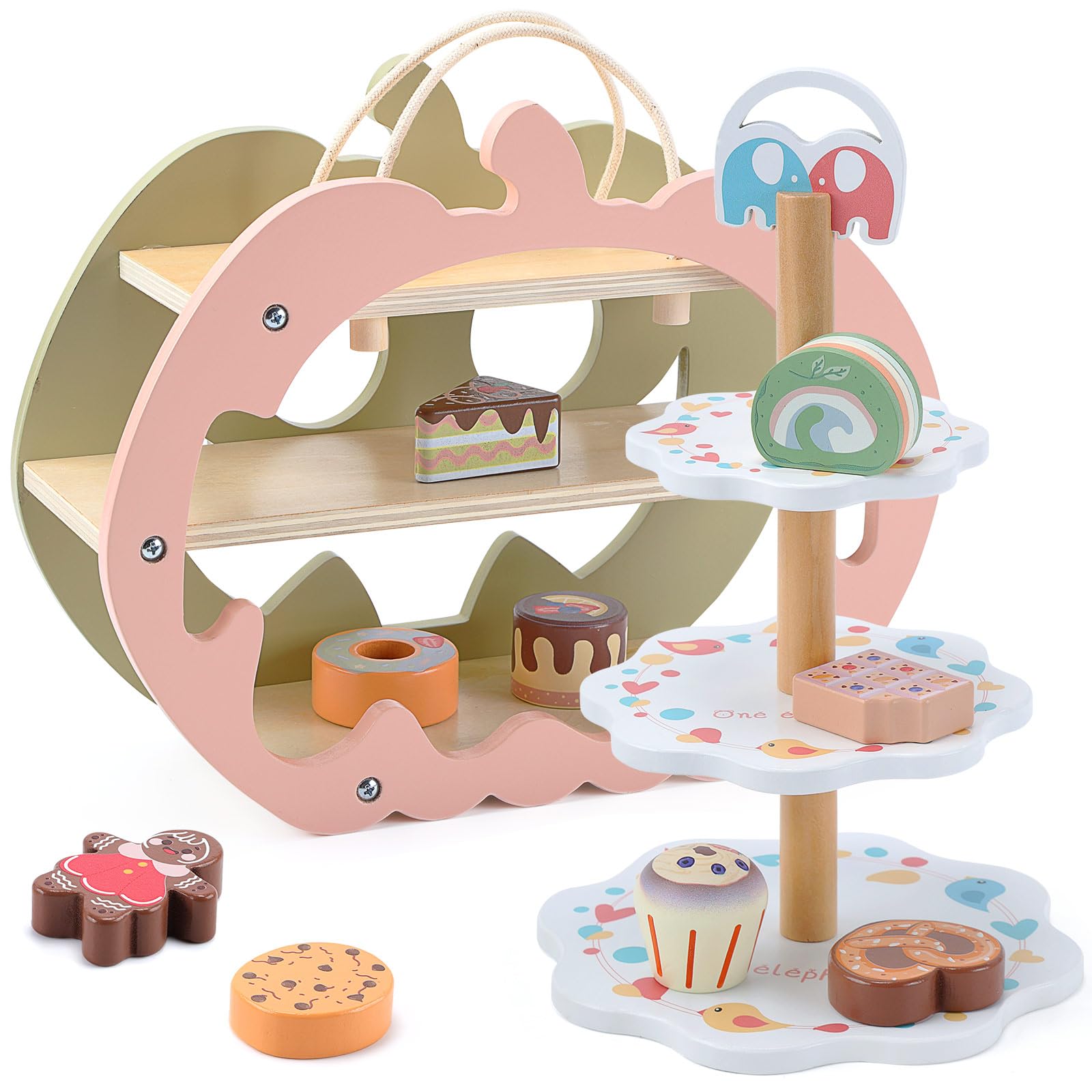 CUTE STONE Wooden Toy Tea Party Set, Kids Dessert Playset with Double-Sided Holiday Stand, Halloween Pumpkin & Ghost Theme, Cupcake Stand, Pretend Play Baking Food for Toddler 3-6 Years Old Girls Boys