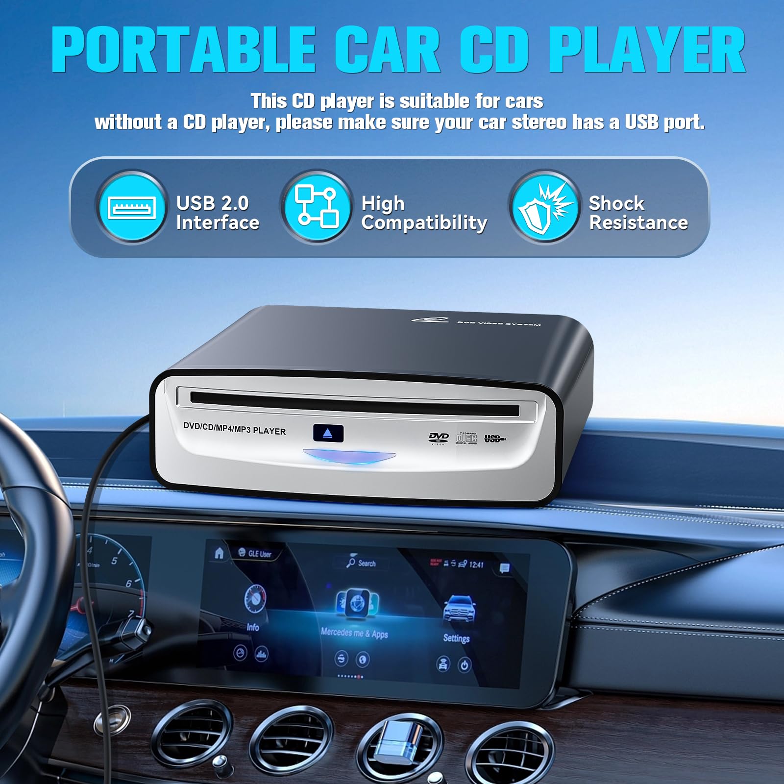 CD Player for Car with USB & AUX Ports, Upgraded Portable External CD DVD Player for Car Laptop Desktop TV Mac Computer, with Extra USB Extension Cable