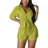 Women 2 Piece Pleated Set Short Sleeve Shorts Plisse Matching Colorful Outfits Summer Vacation Button Down Y2k Shirt