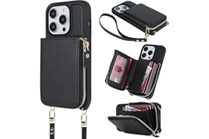 Hamany Crossbody Phone Case for iPhone 13 Pro Case with Strap for Women iPhone 13 Pro Wallet Case with Card Holder Flip Folio Leather Zipper Cover with Credit Holder-Black