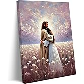 BingruiArt Jesus Hugging Girl Wall Art Jesus Embracing Woman Canvas Purple Painting Christian Decor Love of Christ Picture God Print Poster for Prayer Room Home Office Church 12x16in Framed