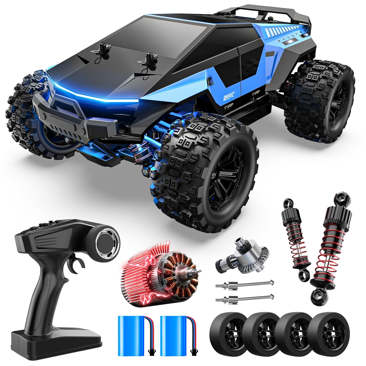 DEERC 1/18 All Terrain Fast Drift & Racing RC Car, 40KM/H Remote Control Truck with Futuristic Body Shell, Extra Drift Wheels, 2.4GHz Waterproof Off-Road Vehicle with 2 Batteries for Kids & Adults
