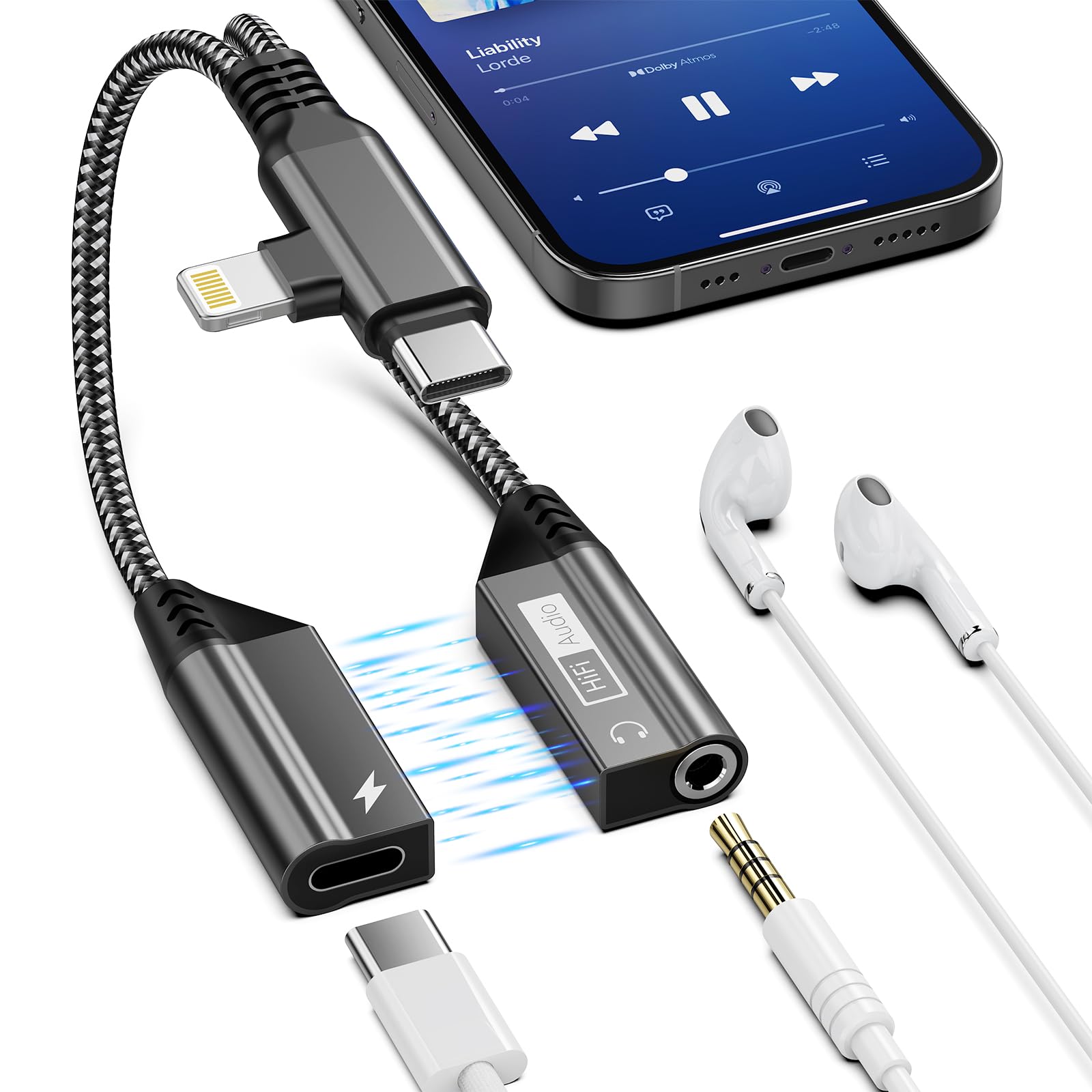 Photo 1 of 2-in-2 Lightning/USB C to 3.5mm Aux Audio Jack Headphone+Type-C Magnetic Charge Cable Splitter for iPhone,?Apple MFi Certified? Earphone Converter Adapter for Music+Charge for iPhone14 13,iPad,Samsung