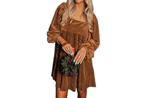 miduo Womens Loose Fit Square Neck Long Sleeve Velvet Mini Babydoll Dresses Shift Dress