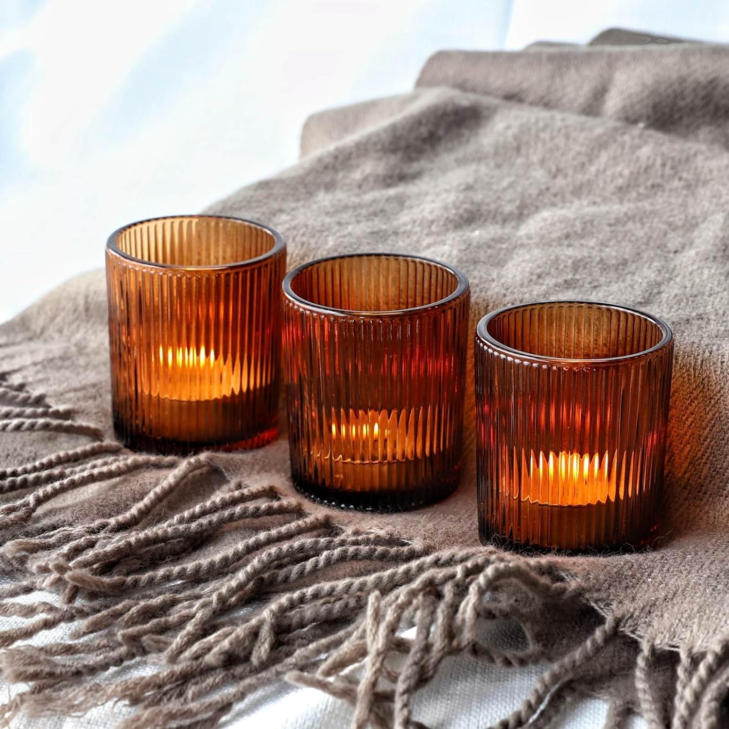 Vohocandle Amber Tea Light Candle Holders for Wedding Table Centerpieces, Ribbed Tea Light Holders Glass for Home Decor, 12pcs Tealight Holders Vintage for Thanksgiving & Christmas