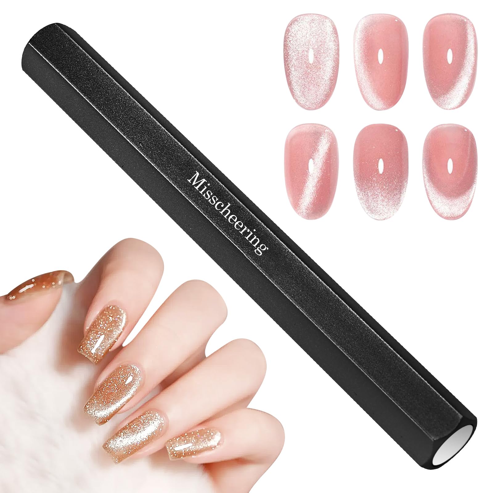 Ptwola Cat Eye Magnet for Nails Super Long Double-Head Gel Nail Polish Magnet Pens 3D Magnetic Wand Hexagonal Large Powerful Nail Art Stick Tool for DIY Home Nail Manicure Design Salon
