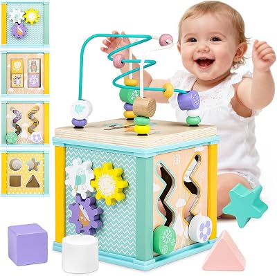 Airlab Wooden Activity Cube Toys 5 in 1 Bead Maze Shape Sorter Montessori