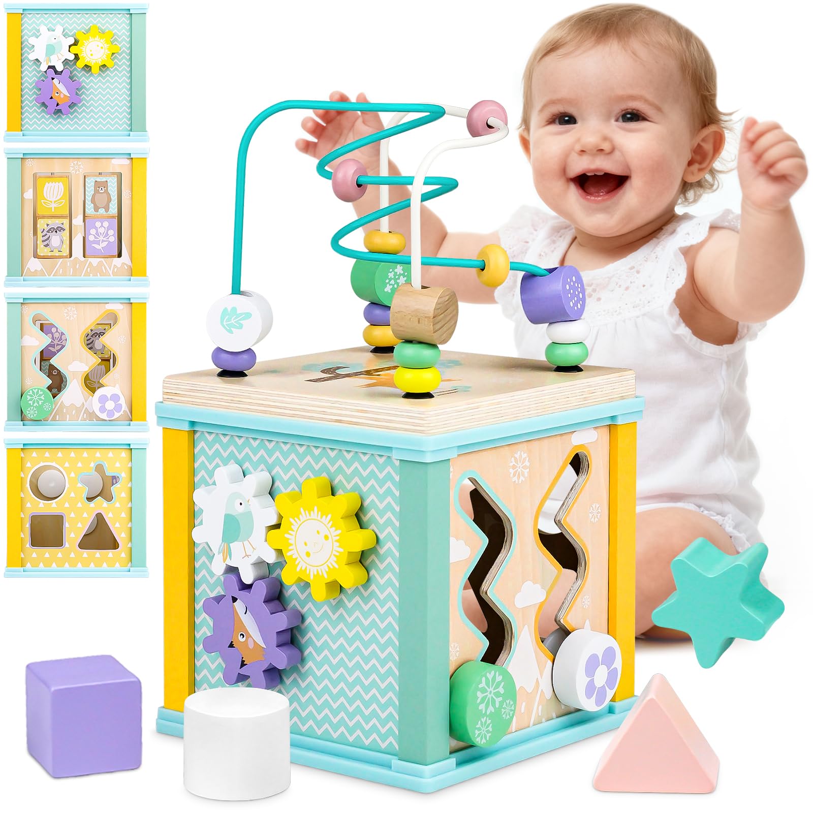 Airlab Wooden Activity Cube Toys, Baby Toys for 1 Year Old, 1st Birthday Gifts for Boys Girl Toddlers, Bead Maze Shape Sorter Sensory Toys, Montessori Educational Learning Presents for Kids Age 1 2 3