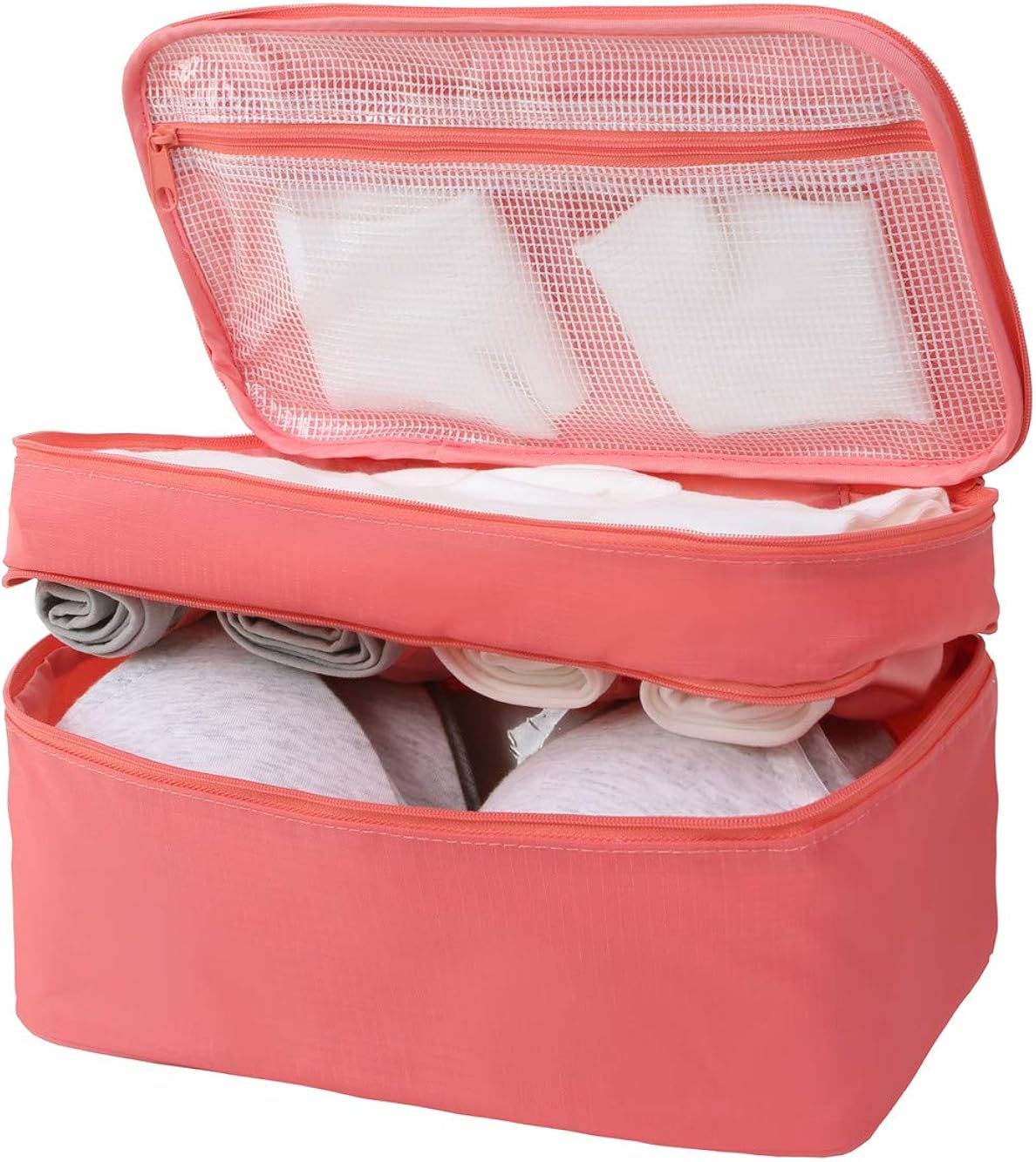  | Travel Underwear Organizer Bag, JJ POWER Lightweight Double Layer Large Capacity Cosmetic Bag- Multiple Compartments and Pockets (Watermelon Red) | Packing Organizers