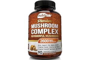 NutriFlair Mushroom Supplement 2600mg, 90 Capsules - 10 Mushrooms Blend - Reishi, Lions Mane, Cordyceps, Chaga, Turkey Tail, Maitake, Shiitake, Oyster Nootropic Complex - Brain, Energy, Focus Pills
