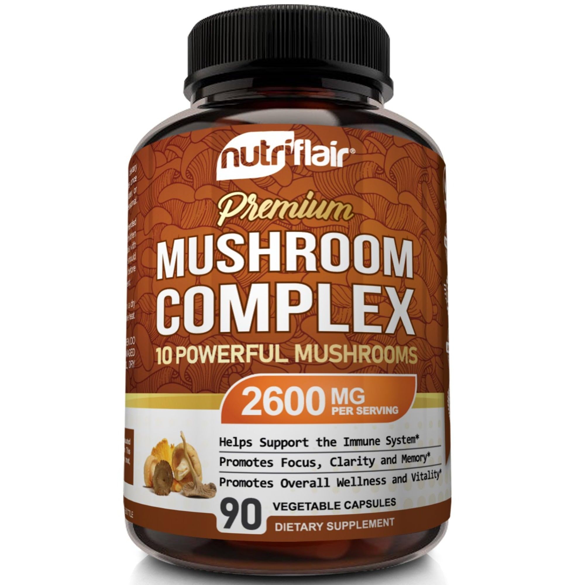 NutriFlair Mushroom Supplement 2600mg, 90 Capsules - 10 Mushrooms Blend - Reishi, Lions Mane, Cordyceps, Chaga, Turkey Tail, Maitake, Shiitake, Oyster Nootropic Complex - Brain, Energy, Focus Pills