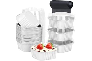 10oz Disposable Ramekins With Lids 40 Pack,LNYZQUS Aluminum Foil Jumbo Cupcake Pan, Square 4”X4” Mini Cake Pan Browni Baking Cups Muffin Tin Dessert Cups For Wedding Party-White