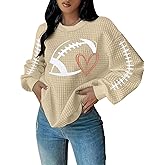 Game Day Sweatshirt Women: Funny Football Heart Graphic Sweatshirt Waffle Knit Long Sleeve Gameday Fans Pullover Tops