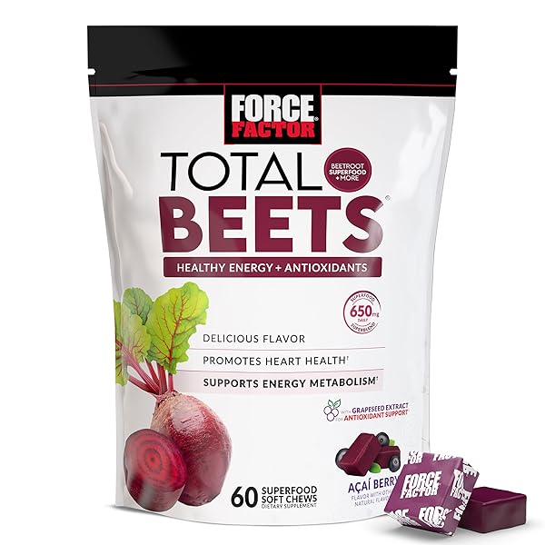 FORCE FACTOR TOTAL BEETS SOFT CHEWS WITH BEETROOT, NITRATES, L-CITRULLINE, GRAPESEED EXTRACT, AND ANTIOXIDANTS, HEALTHY ENERGY SUPPLEMENT WITH ELITE INGREDIENTS, HEART HEALTH SUPERFOOD, 60 CHEWS