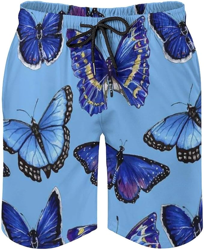 Men's Swim Shorts Blue Butterfly Casual Drawstring Board Shorts Fast