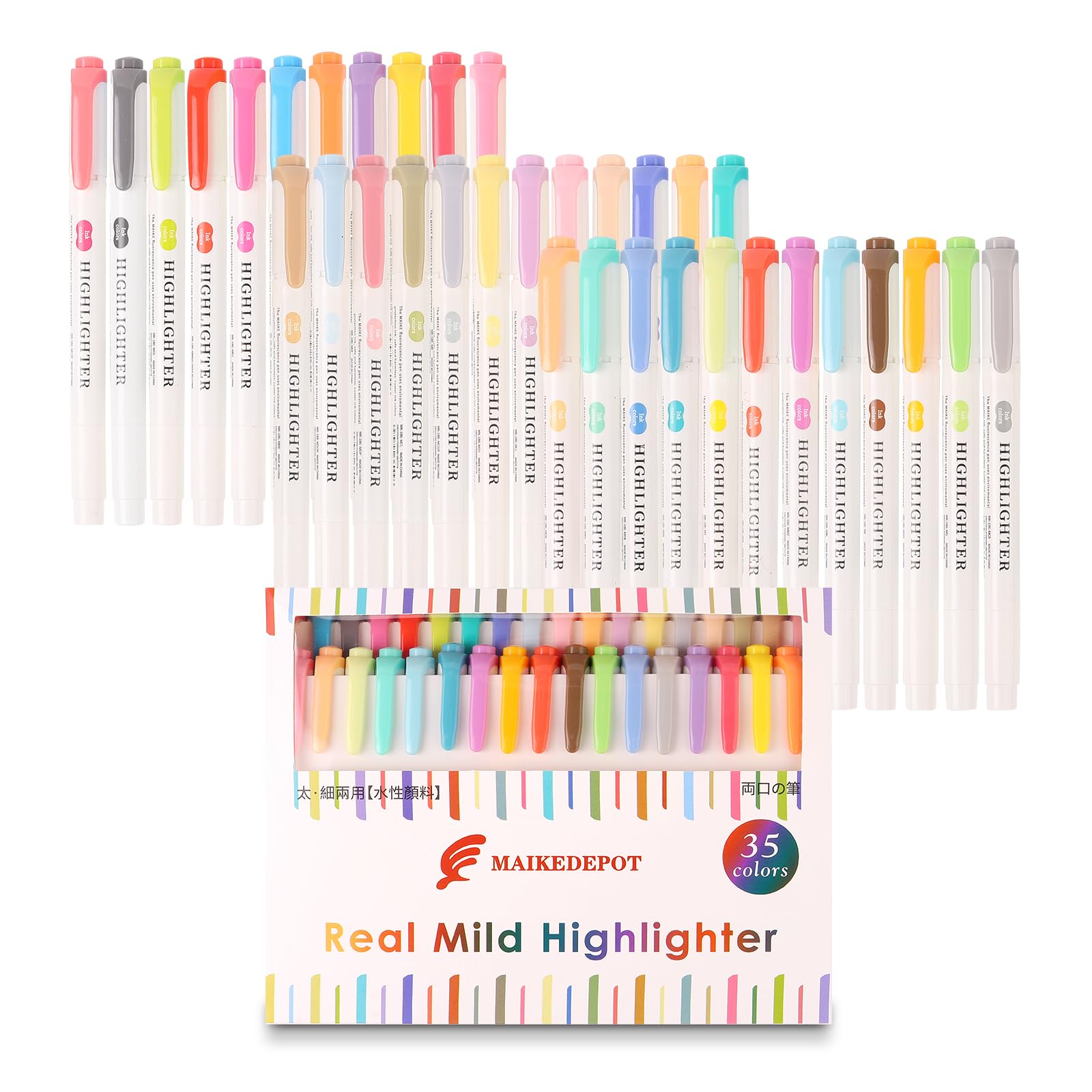 MAIKEDEPOT Assorted Colors Highlighters, Pastel Highlighter Real Mild Markers Dual Tip Highlighter Markers Chisel and Fine Tips for Coloring, Underlining, Highlighting (35colors)