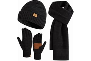 CRUNCH CRATE Winter Beanie Warm Hat Long Scarf Touchscreen Glove Set with Fleece Lined Skull Caps Neck Warmer Scarves for Men&Women