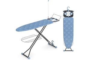 KINGBOARD Ironing Board, Compact Iron Board Full Size with Extra Thick Cover, 7 Adjustable Heights Stand with Hanger and Iron Rest, Large Heavy Duty Ironing Board with Storage Tray, 13x43 Blue