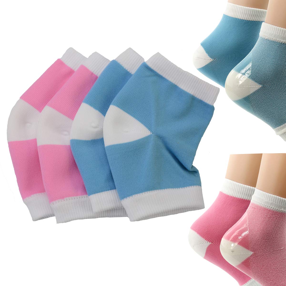 2 Pairs Moisturizing Silicone Gel Heel Socks for Dry Hard Cracked Skin Moisturizing Open Toe Comfy Recovery Socks For U.K. Size 4-7.5 (Blue+Pink)