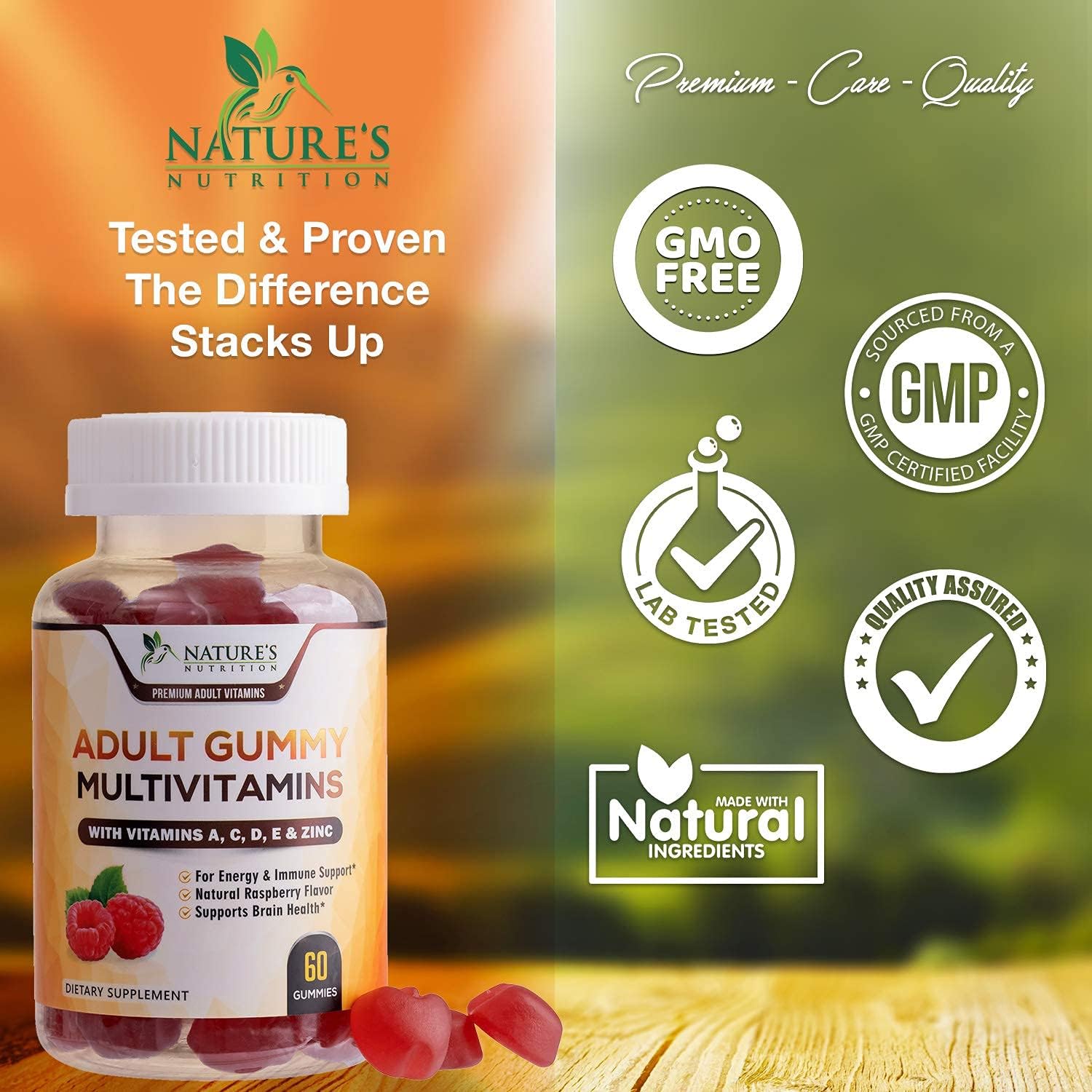 Adult Multivitamin Gummies with Vitamin C, D3 and Zinc for Immune Health Support - Natural Complete Daily Gummy Vitamin Supplement - Vegetarian Multi Vitamins for Men and Women - 60 Gummies: Health & Personal Care