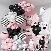 Pink Black White Halloween Balloon Garland Kit,118pcs Pastel Halloween Ghost Striped Foil Balloon Arch with 3D Bats for Girl Kawaii Spooky One Birthday Backdrop Baby Shower Birthday Party Decorations