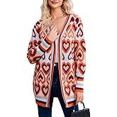 EZAPINE Chunky Cardigan Sweaters for Women Long Open Front Color Block Knitted Heart Cardigan Valentine Sweater