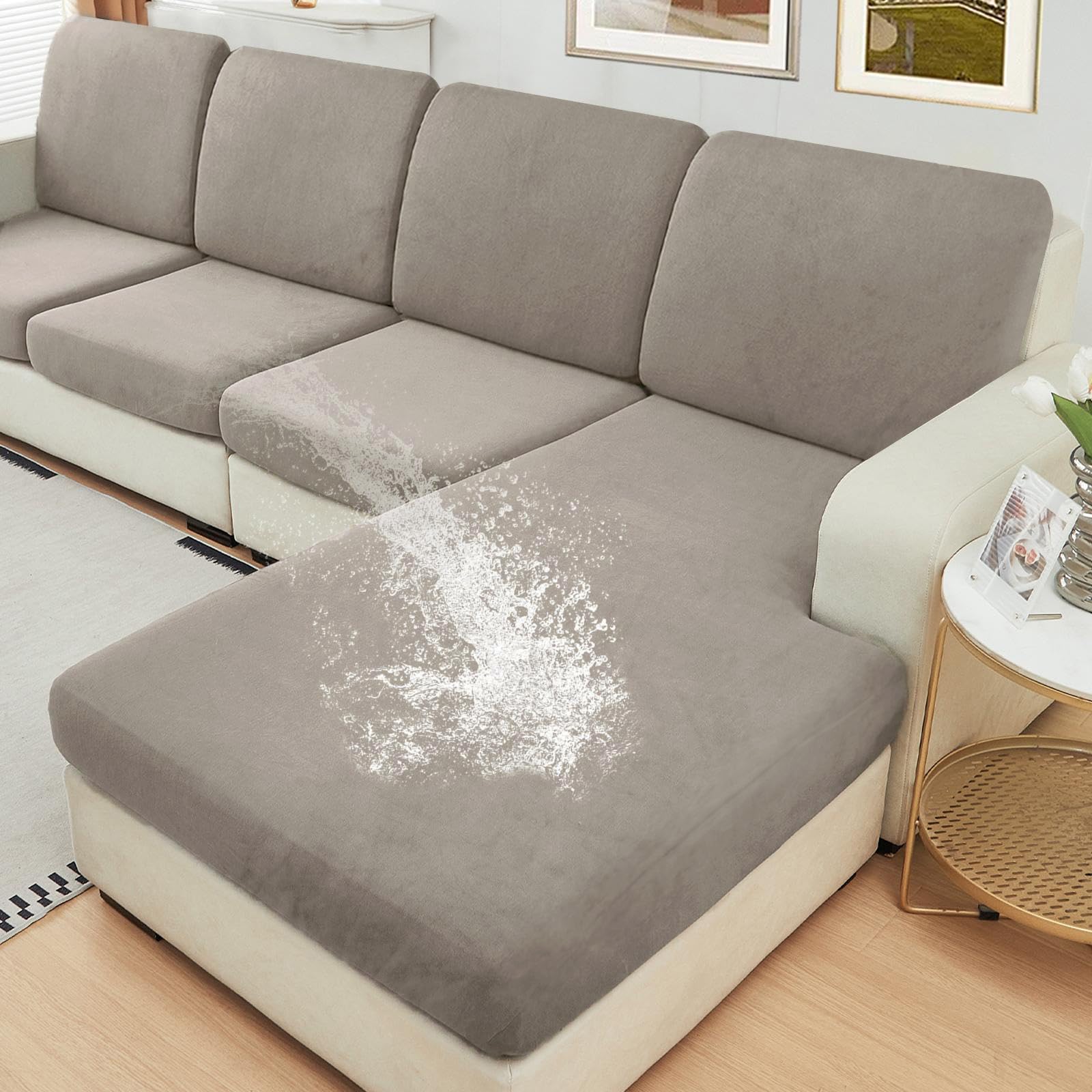 Photo 1 of NAISI Waterproof Couch Cushion Covers Thick Velvet Fabric Washable Sofa Slipcovers Sectional Couch Covers for 4 Pieces Separate L Shape Couch Cover with Elastic Bottom(3 Seater + 1 Chaise,Light Taupe)