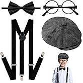 GZJINYUAN 4Pcs Kids Boys Suspenders Bowtie Set with Black Glasses Newsboy Cap for Boy Girl Wedding 100 Days of School Costume