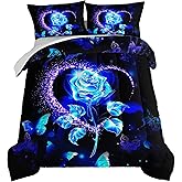HOSIMA Mystery Blue Rose Comforter Set Full Size,Romantic Rose Floral Bedding Set for Women Girls Room Decor,Love Flash Butterfly Comforter Set Aesthetic Bedding with 2 Pillowcases.