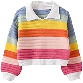 SweatyRocks Girl's Colorful Striped Sweater Collared Colorblock Long Sleeve Loose Pullover Top